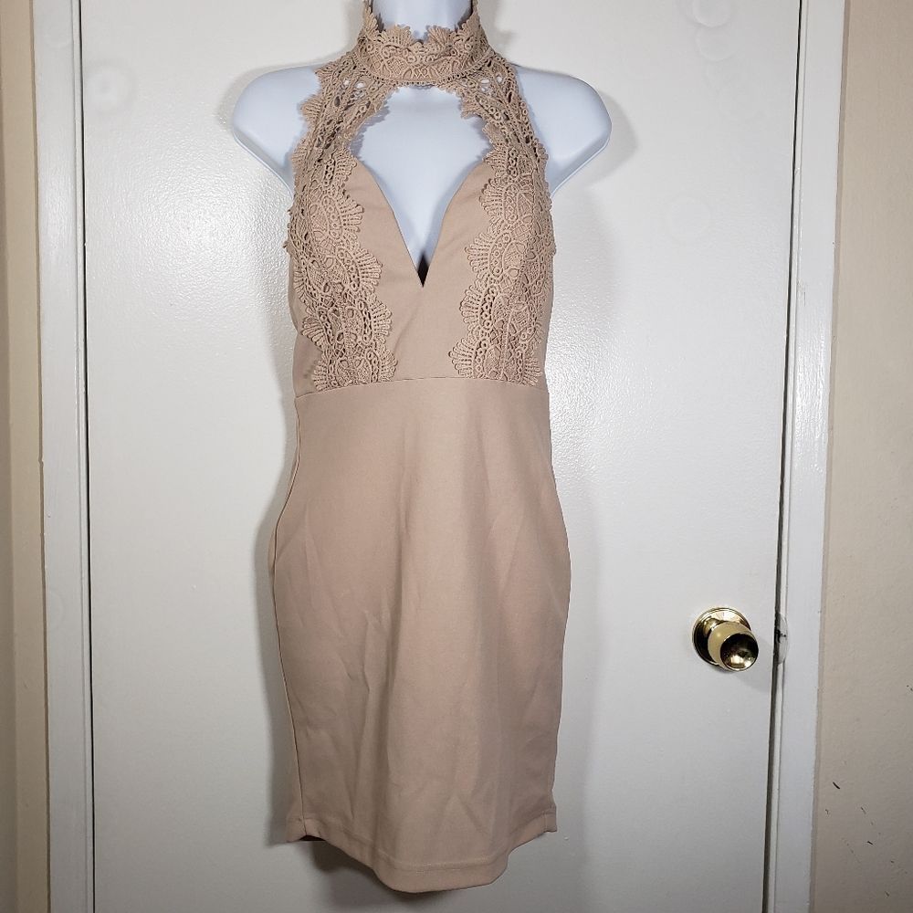 Fashion Nova Neutral Lace Lined Choker Neck Bodycon Dress Size S